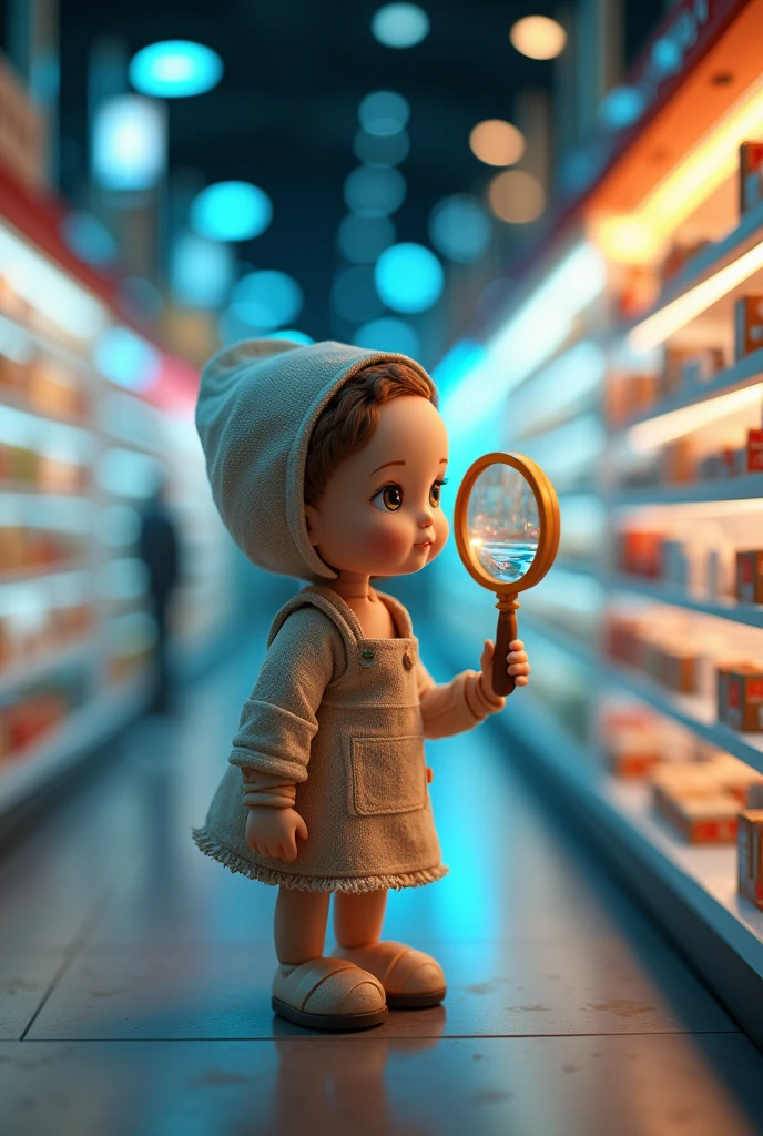 A doll with a magnifying glass looking for promotions in stores like Amazon, Shopee and Mercado Livre