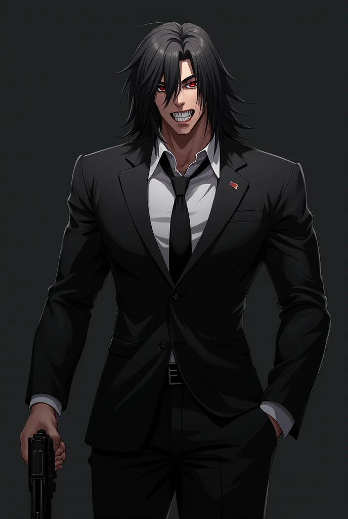 Portrait of an anime man with muscular body having psycho red wild eyes, psycho face, wearing black suit with tie, having gun in hand ,very long black hair, deatheye, bloody hand
1:1 size