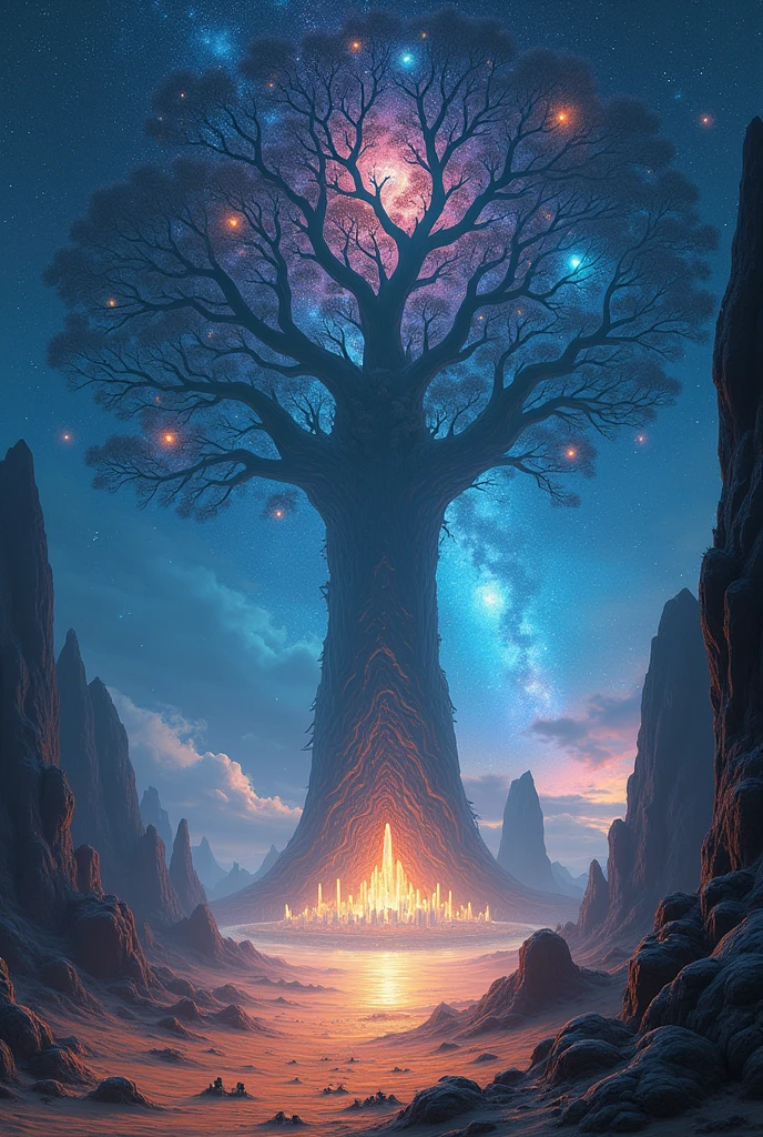 Domain Expansion: Celestial Oasis. The ground transforms into a vast desert of glowing sand, dominated by a towering, ancient tree with luminous roots that pulse with cosmic energy. Above, a swirling, starry sky replaces the ceiling, with galaxies and nebulae constantly shifting. Bioluminescent creatures float through the air, their ethereal glow casting haunting shadows. In the distance, a massive, crystalline city shimmers like a mirage, and the very air hums with mystical power. The longer you stay in this space, the more the boundaries of reality blur, trapping you in an endless cycle of wonder and dread