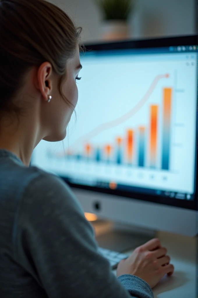 a woman working on her computer ,growth chart on computer,photo realist, focus on the hand with the computer