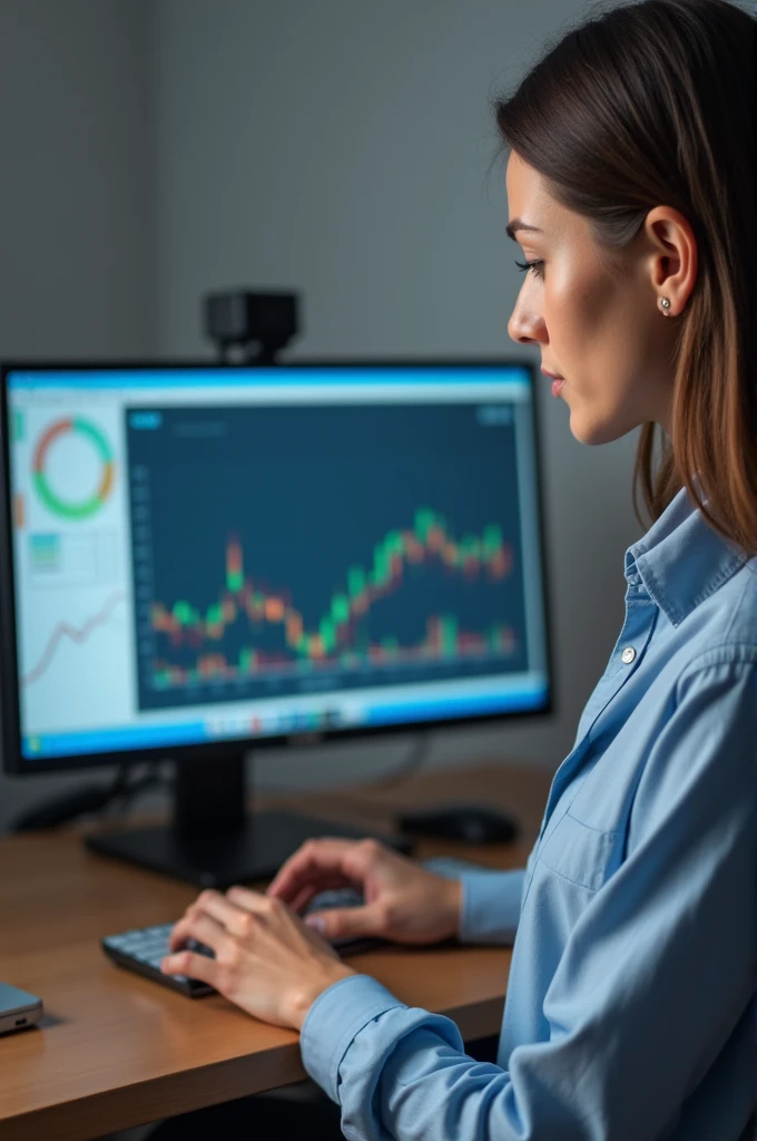 a woman working on her computer ,growth chart on computer,photo realist, focus on the hand with the computer
