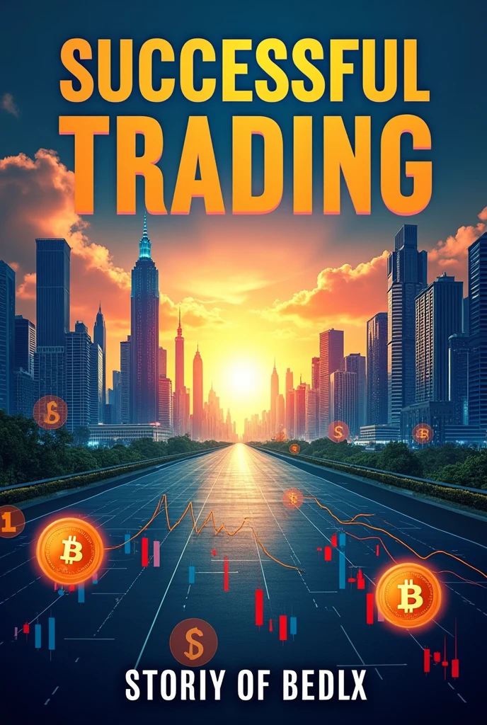 A title picture for a trading e-book that gives you the feeling of success. It should look realistic and you should recognize actions and pictures of stocks like bitcoin and other well-known ones. The text should be legible and it should only say successful trading. No people should be visible. 