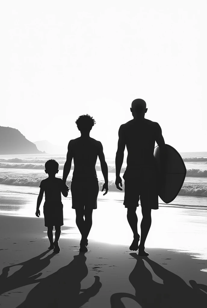 I wanted a silhouette of my son, my husband and his deceased father walking on the beach, His father is carrying a surfboard in his hand. My husband is not very muscular and his father did not die very old., It would be for a tattoo. there are 2 adult men and 1 child, is it possible to put a smaller child a little? and less muscular men?
there are 3 men e
tem outrs opções? with the beach and sun more apparent it can be black and white?there are 3 men