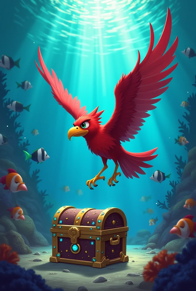 Red bird finding treasure under the blue sea