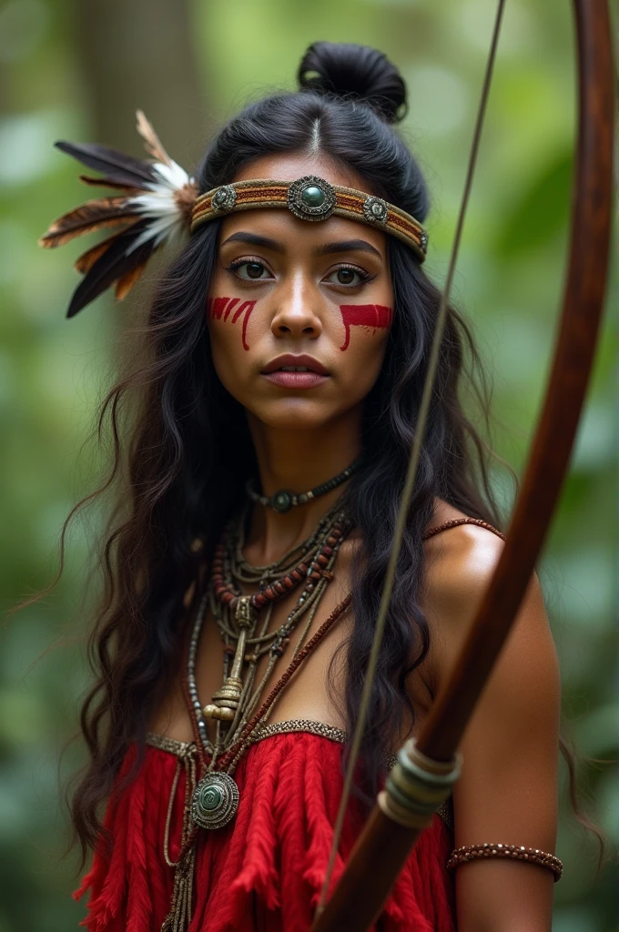 AN INDIGENOUS WOMAN WITH A BANG ON HER FOREHEAD WITH A STRAP ON HER HEAD WITH FEATHERS WITH A RED STRIPE PAINTED ON HER CHEEKS RED FEATHERS AS A SKIRT BIG HAIR WITH A BANG ON HER FOREHEAD IN THE FOREST HOLDING A BOW AND ARROW SERIOUS EXPRESSION