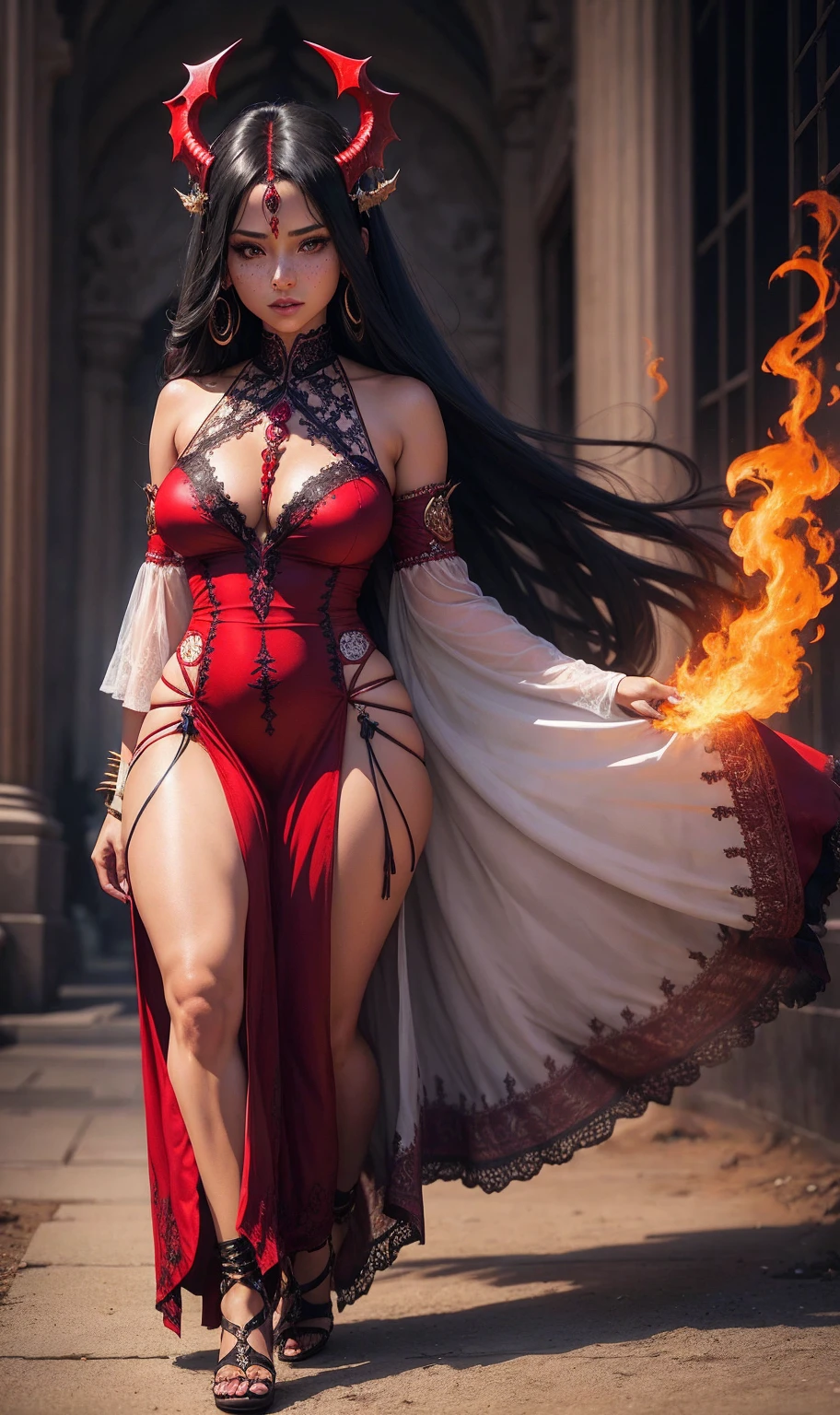 american indian woman as demon goddess wearing a long dress and lace heels, demonic presence, return facing the camera, looking over one's shoulder, Beautiful long legs, nice ass, posing fror a picture, cinematic goddess body shot, corpo sexy, realistically shaded perfect body, curly hair with braids, photorealistic perfect body, Unreal engine rendering + a goddess, goddess. extreme hight detail, beautiful goddess, photorealistic rendering of anime girl, beautiful female body, perfectly shaded body, Hot and sexy body, neckleace, Moist skin, suntanned, medium breasts, complicated, naughty, seducing gaze, piercing, trends on ArtStation, Waist slender, narrow hips, Fine body, hourglass-body, tied choker, belly chain, perfects eyes, freckles, festive look, side chest, under the chest, ethereal background