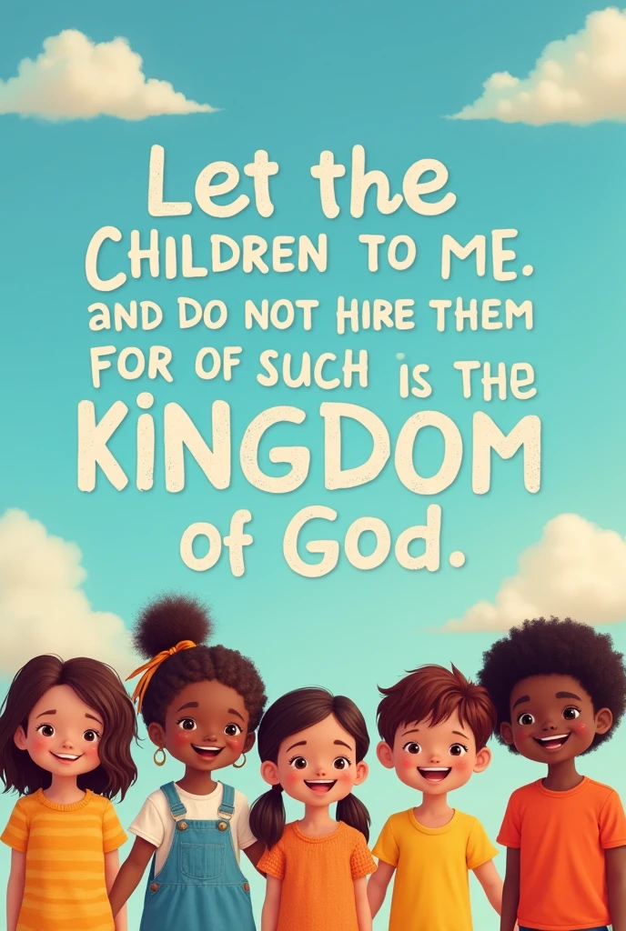 Print for a cult children&#39;s blouse with children of different colors The children at the bottom and the phrase at the top and with the blue sky With this phrase :Let the children come to me and do not hinder them., for of such is the kingdom of God.. Lucas 18:16