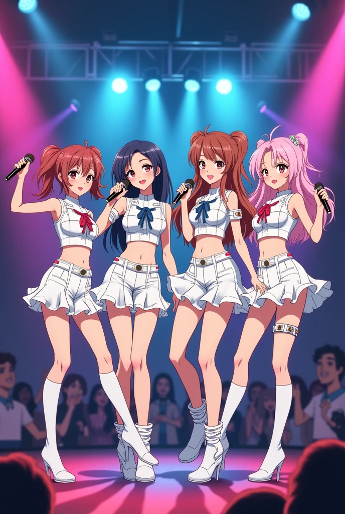A 1980s girl idol group, depicted in anime style. The group consists of four 30-year-old members., Each member has a separate outfit with the main color being white., stockings and big hair typical of the 80s they have big round eyes and pointed chins. Footage shows them performing on stage with vintage microphones., with colorful stage lights and lively audience. Background showing the atmosphere of an 80s style concert