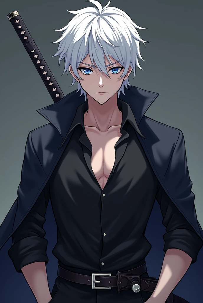 (short white hair anime handsome boy with emotionless dark blue sharp eyes, white hair toned, with katana wearing open wide collar black shirt with a pirate cape in the shoulders with black steel 18th century flintlock pistol on belt and serious cold expression with katana on back