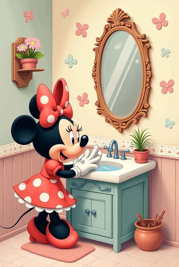 Minnie Mouse washing her hands in the bathroom