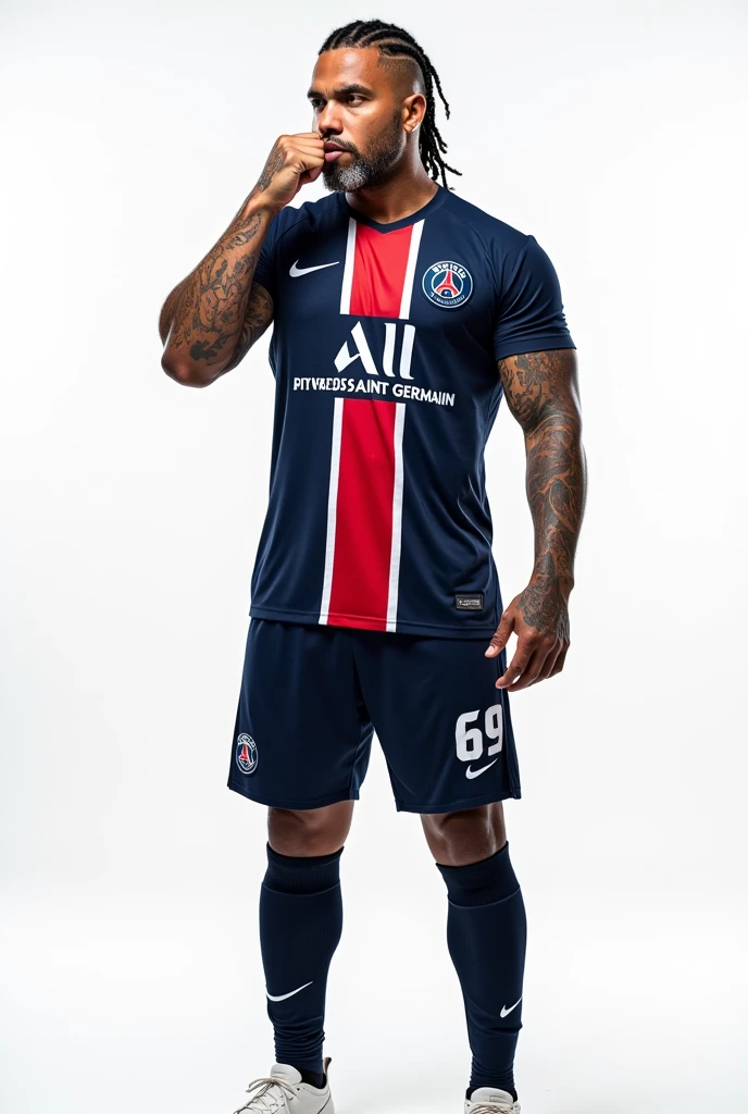 Young 2 sexy Rude gangster with black hair shaved on the sides with braids brown eyes thick lips athletic body masculine energy and sexy defined chin white trimmed beard colored tattoo marked biceps wears black colored man Muslim style, He wears the navy blue PSG uniform with a central red and white stripe., Navy blue shorts with the number 69 and white cleats. The background is white and he is standing proudly kissing the team's crest.. 8k
