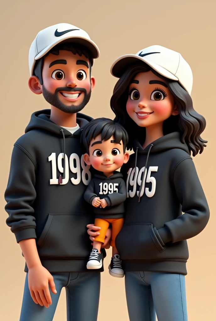 3D a smile man with white nike cap,wear black hoodie with number 1998 on hoodie ,wears blue jeans while standing besides a smile woman with white nike cap with short shoulder hair, wear black hoodie with number 1995 on hoodie ,wears blue jeans holding boy with black hoodie
