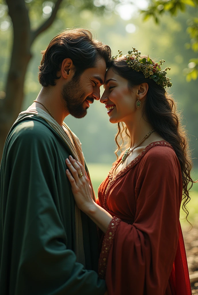 create an image of a couple fighting. twilight style, the man is calm and relaxed, the embodiment of rebirth; while the woman is screaming angrily, the embodiment of the baroque. The image must be ultra realistic 8K The image must be distant, show the two of them in a park or forest. Show the contrast between the difference of baroque × renaissance Image should be far away! The man is calm and the woman is angry.
Give this image a painterly contrast. Reverse the roles., make the man look super angry and sad; and the calm and full woman 

