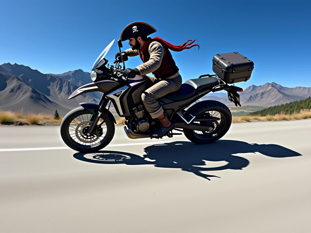 ((Logo vector con borde blanco)), ((Honda NC750X 2016 model year)) , ((trail bike with panniers)), ((pirate riding a motorcycle)), (((crear un Logo vectorizado con borde blanco de un pirata manejando una honda TRAIL))), fondo montañas a close up of a person riding a dirt bike on a mountain, adventurous, Logotipo deportivo, Estilo de Logotipo vectorizado, Logo vector art, adventure, Diseño de concepto de Logotipo, travel and adventure, riding, new adventure, Diseño de Logo, by Daniel Schultz, trail of light, arte del Logotipo, simple and clean illustration, Extreme sports, Logo, Logo