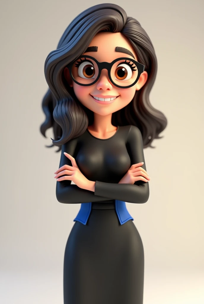 A full body 3D cartoon character. She has a friendly and charismatic appearance. The character is a young woman with fair skin, loose dark brown hair, thick eyebrows, large brown eyes and wears glasses. She is smiling confidently. The character is dressed formally, wearing a black dress with a blue sash at the waist. She has her arms crossed in front of her body. Your posture and relaxed posture suggest confidence and ease. The background of the image is neutral, which highlights the character even more.
