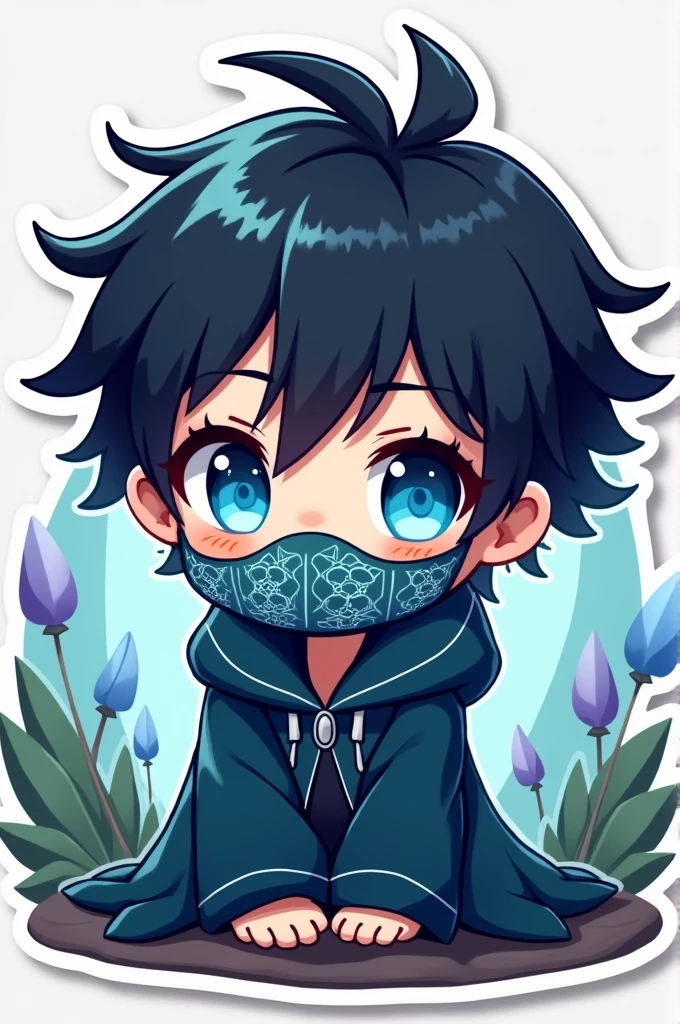 CUTE STICKER CHIBI BOY black hair blue eyes horn small blue masks covering half of the face