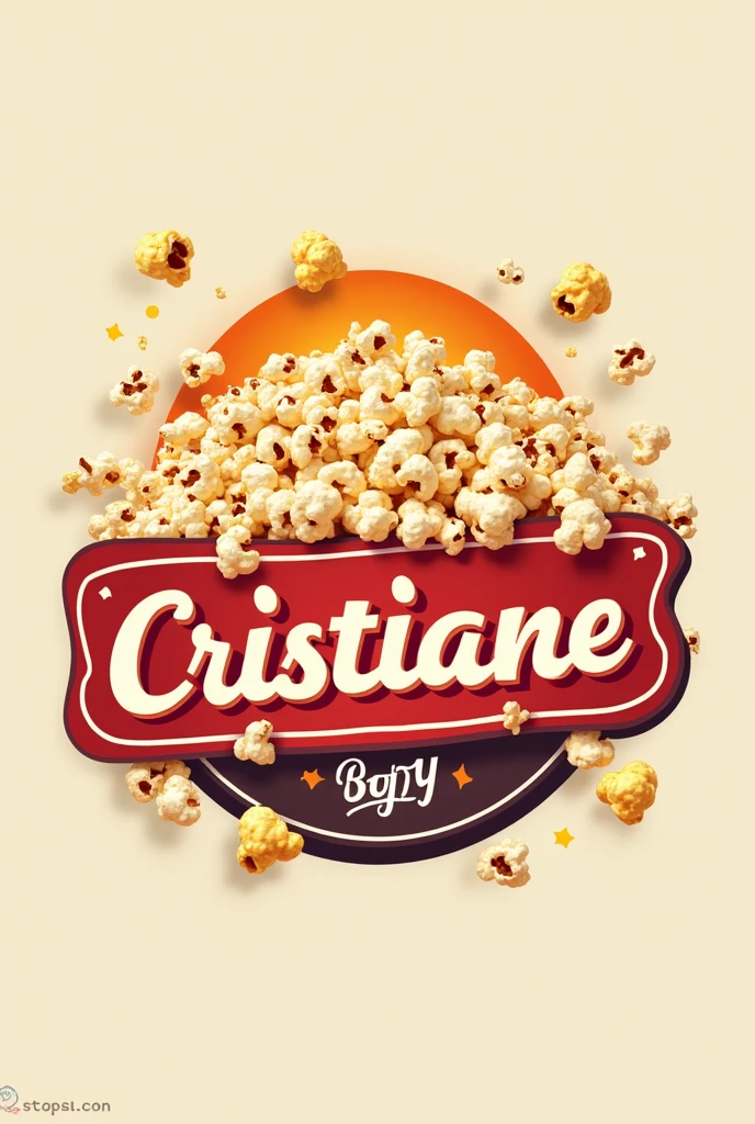 Make a logo for Cristiane who sells popcorn that has her name and has popcorn all in Portuguese