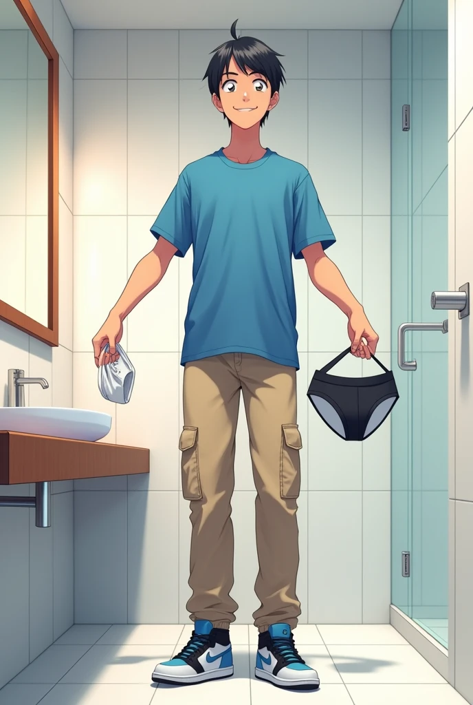 into the image, a cool teenager of 1,80 tall, with white skin and straight black hair, is posing in a bathroom. He wears a blue t-shirt and beige cargo pants., complemented by a pair of Air Jordan sneakers in blue, black andwhite. The young man is holding only a pair of underwear (of the boxer model), this underwear is white (medium-sized) with both hands, displaying it to the "Camera", with a happy and relieved expression. The bathroom in the background is modern and minimalist., with details like a large mirror and light tiles. The teenager's expression is relaxed and fun, besides him appearing relieved, giving a casual and informal tone to the image, In anime style, ele segura apenas uma cueca of the boxer model de tamanho que o adolescente usaria, and he looks like he just took off his underwear!