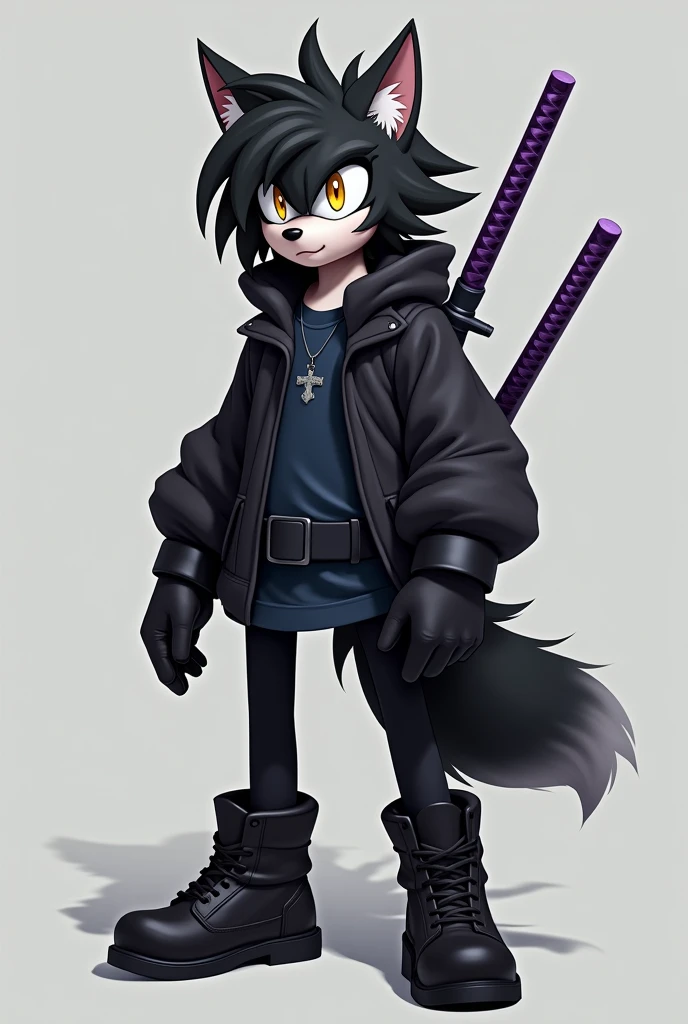 An anthropomorphic Sonic-style wolf, Short Long Black Hair, hair a little on the left side of the face and with a slightly large ponytail, with big yellow eyes shining, with black cold weather blouse with dark blue shirt, black pants and black men's boots, with black gloves, and with a purple Katana on his back.