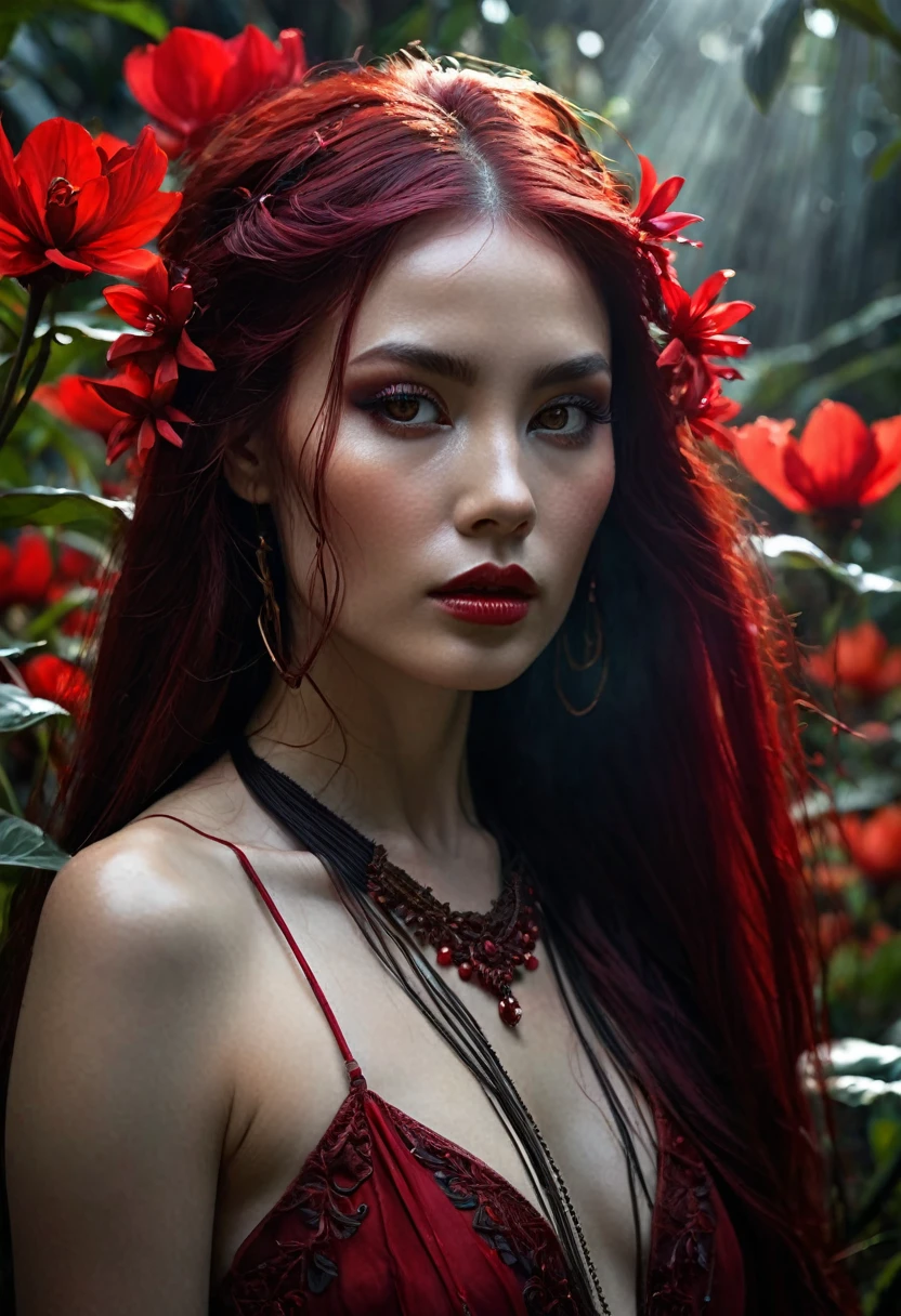 A woman, hauntingly beautiful and enigmatically dark, embodies the mysterious aura of the hingabana flower. She has delicate, otherworldly features, with long, flowing hair that resembles strands of shadow intertwined with deep crimson highlights, reflecting the exotic and menacing hues of the flower. (((A woman with long black and red hair 5'7"))) (((hypnotically beautiful and unsettling))), her skin is pale and translucent, like the mist shrouding the nocturnal fields where the hingabana flower thrives, ( the hingabana flower is surrounding the woman) creating a striking contrast with the darkness of her hair. She stands in a secret garden full of the hingabana flower, shrouded in thick mist, with moonlight filtering through the trees, casting an ethereal glow upon her. Her dress is a flowing fabric with red accents that seem to move like shadows, ((RED DRESS DETAILS) flowing around her with spectral grace. Her eyes are a deep, opaque red, like dark rubies, exuding a haunting and piercing intensity. 8K , her presence is ethereal and enigmatic, extremely detailed (high quality, realistic, photorealistic: 1.37), with ideal proportions and smooth, luminous skin, meticulously crafted features, haunting beauty, perfection, artistic artistry, vivid realism, hyper-detailed sculpting, lifelike forms, truly awesome-inspiring, impeccable craftsmanship, pure brilliance, otherworldly beauty, delicate yet chilling contours, striking poses, sublime elegance, subtle nuances, dynamic compositions, perfect lighting, unsettling expressions, spectral aura, majestic presence, nightmarish atmosphere, unparalleled detailed high-octane rendering, trending on artstation, 8k art photography, photorealistic concept art, cinematic volumetric soft natural light, chiaroscuro, award winning photography, fine art, oil on canvas, beautiful, detailed, intricate,