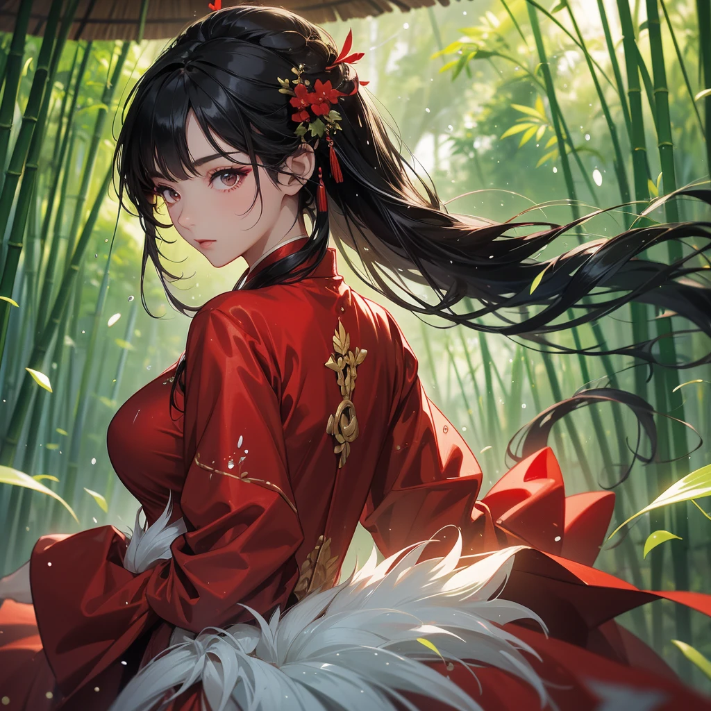 A black hair beautiful female in red hanfu dress , close up.

The back is a lush green bamboo forest. The air after rain has water droplets splashing around.