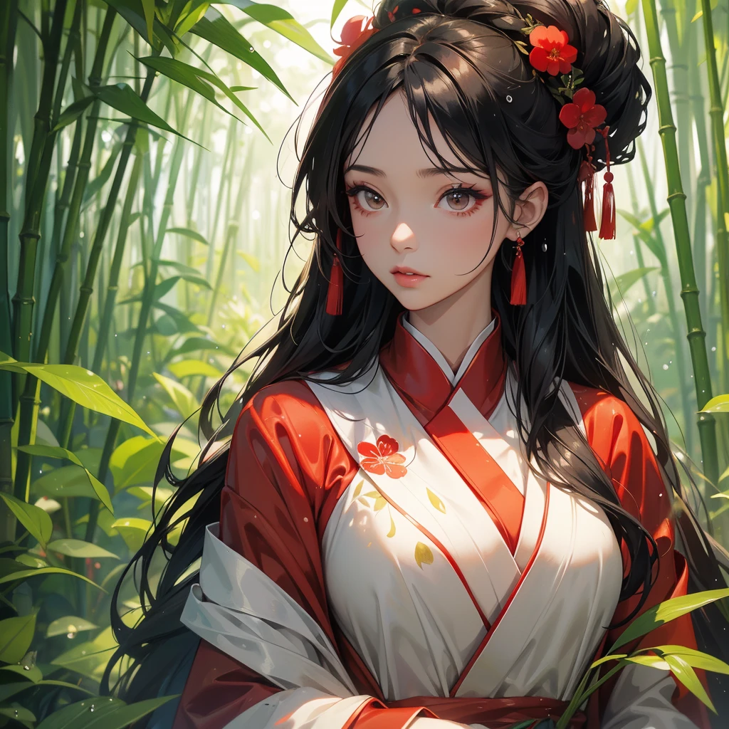 A black hair beautiful female in red hanfu dress , close up.

The back is a lush green bamboo forest. The air after rain has water droplets splashing around.