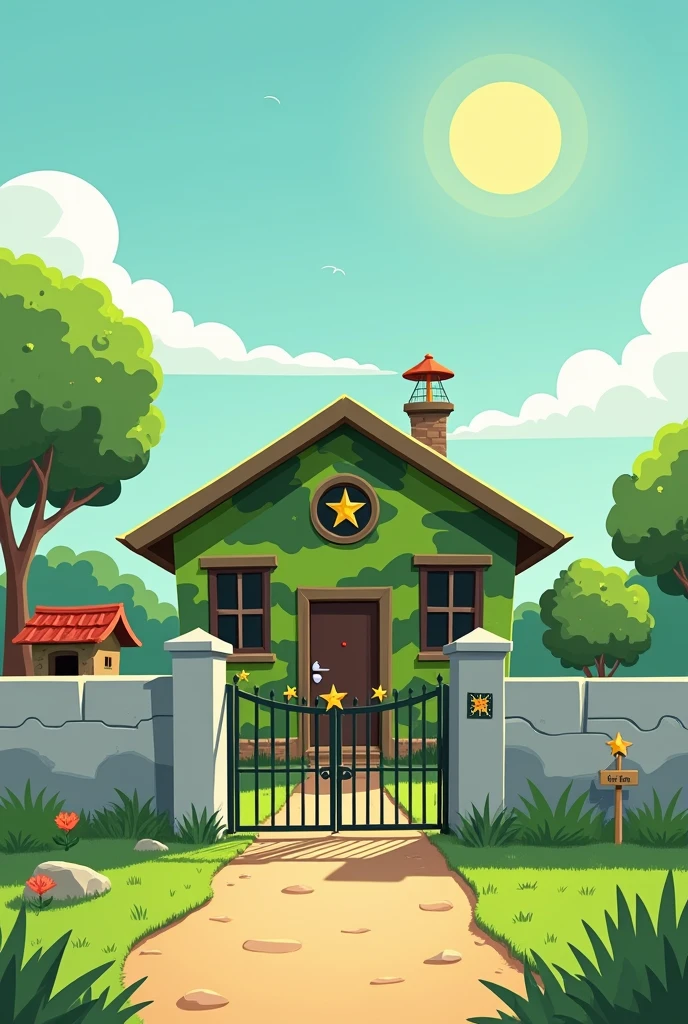 "A children's style house inspired by the Brazilian army, with a cartoon design. The house has camouflaged green walls and a simple roof, also in shades of green. Around the house, there are high walls that surround the entire property, including the front. The walls are designed as solid and robust blocks, with an iron gate at the entrance, adorned with a stylized military star. In front of the wall, there is a small guardhouse with childish details, such as a red roof and small flags on the sides. The garden inside the walls is well maintained, with green grass and some trees designed in a simplified way. The sky in the background is clear, with few clouds and a radiant sun, creating a safe and welcoming atmosphere."