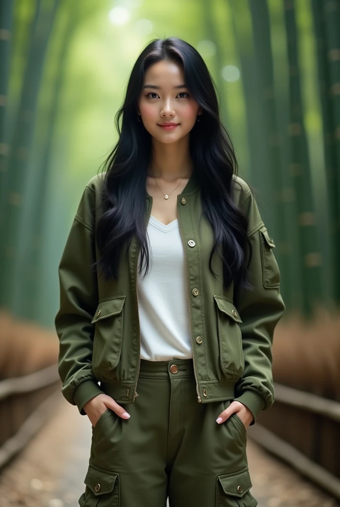 Korean girl with beautiful face, fair skin, well-groomed face, smiled faintly, long straight black hair, wearing an olive green bomber jacket, White shirt, cropped pants Lots of pockets, posing standing in a bamboo forest, the details of her eyes are soft, the photo is the best quality, kualitas gambar realistic, diffuse background lighting, depth of field display. real photo, realistic