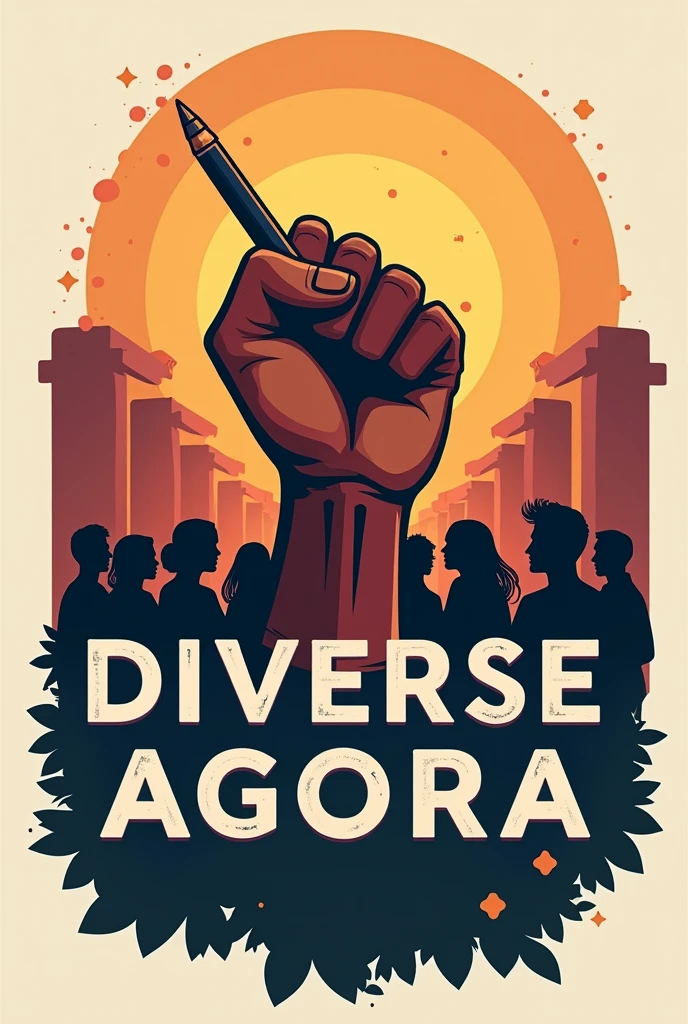 Make me a logo that has an agora, a fist with a pen and men and women and make it have the text "Diverse Agora"