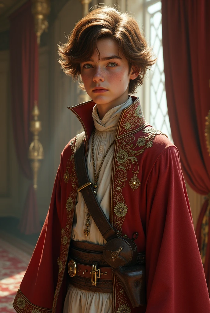 A medieval gunslinger ager In elegant robes Man Brown hair