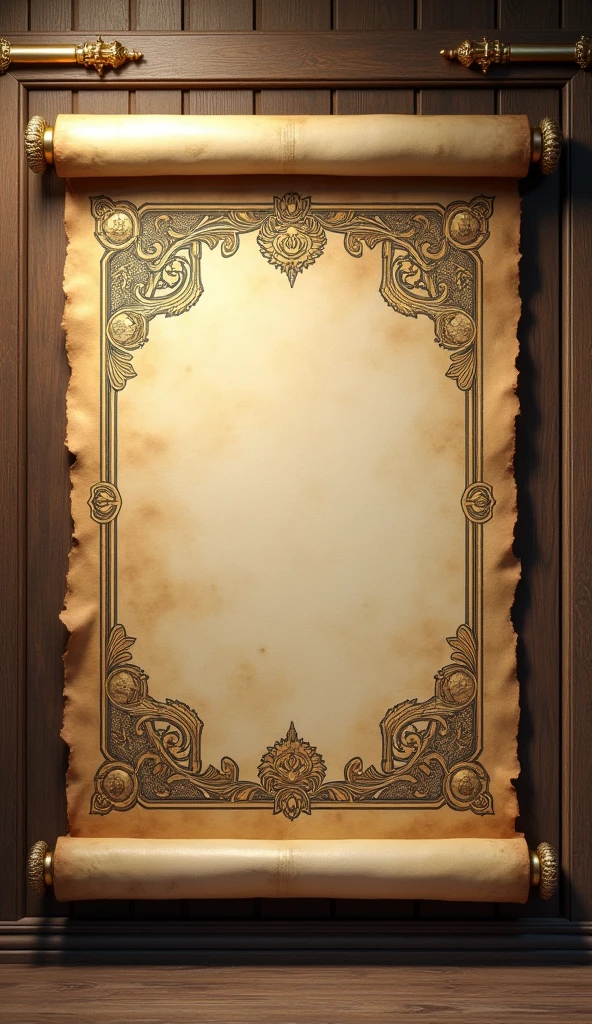 scroll with scrolls and scrolls on it, card back template, card template, textured parchment background, wooden walls brass panels, brass sheet, template sheet, template layout, archeology journal cover, background(solid), beige background, wooden background,
