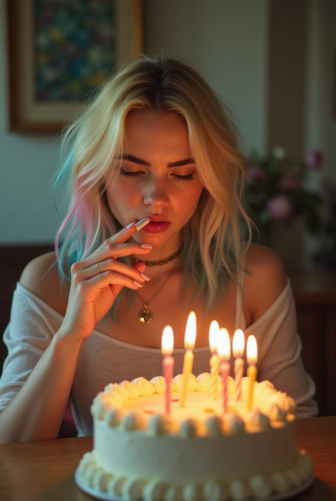"A boring low-quality snapshot of a beautiful young woman with smeared makeup sitting next to a birthday cake with lit candles that says "Happy Birthday". She has an indifferent expression, conveying melancholy and rebellion, she has colorful hair, dyed in shades of blonde, pink and blue. Very blurry and out of focus photo, out of frame, a snapshot taken with kodak easyshare. She is lighting a cigarette next to the cake. The photo has a raw and homemade look, with a pale yellowish tone."