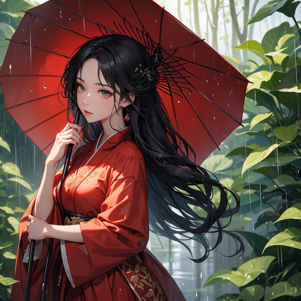 A black hair beautiful female in red hanfu dress , close up.
Stand holding an umbrella to protect from the rain. Rain fell and splashed around. There are water droplets falling on the leaves in the surrounding area, green and moist, the atmosphere after rain.