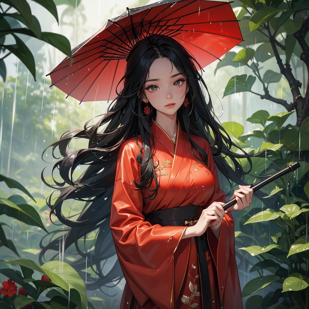 A black hair beautiful female in red hanfu dress , close up.
Stand holding an umbrella to protect from the rain. Rain fell and splashed around. There are water droplets falling on the leaves in the surrounding area, green and moist, the atmosphere after rain.