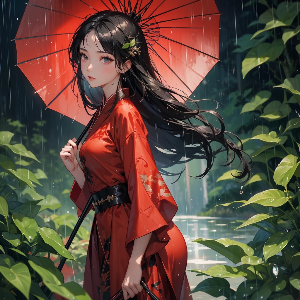 A black hair beautiful female in red hanfu dress , close up.

Stand holding an umbrella to protect from the rain. Rain fell and splashed around. There are water droplets falling on the leaves in the surrounding area, green and moist, the atmosphere after rain.