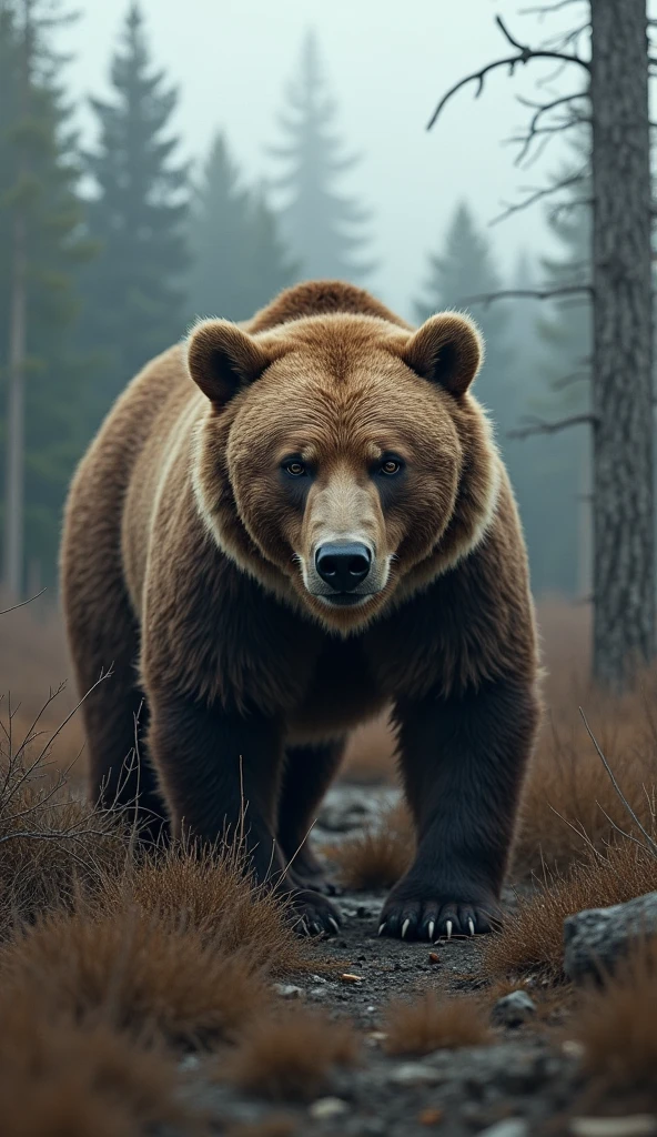 A vulnerable-looking grizzly bear from the modern era watches as trees are cut down, surrounded by a changing landscape due to habitat loss, with the effects of deforestation and climate change visible in the background, long shot, hyperrealism, photorealism, cinematography --Ar 9:16.