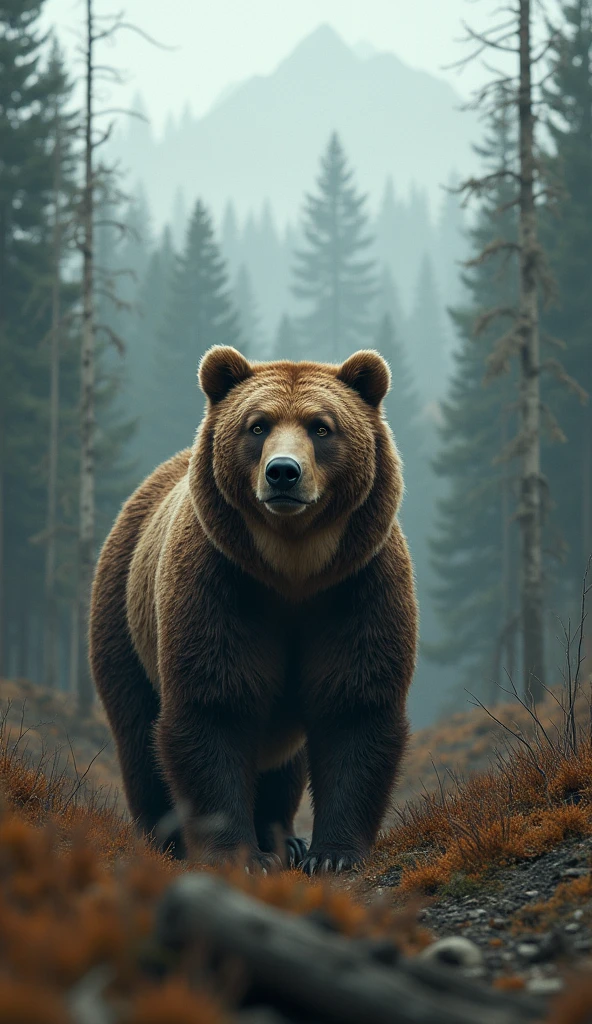 A vulnerable-looking grizzly bear from the modern era watches as trees are cut down, surrounded by a changing landscape due to habitat loss, with the effects of deforestation and climate change visible in the background, long shot, hyperrealism, photorealism, cinematography --Ar 9:16.