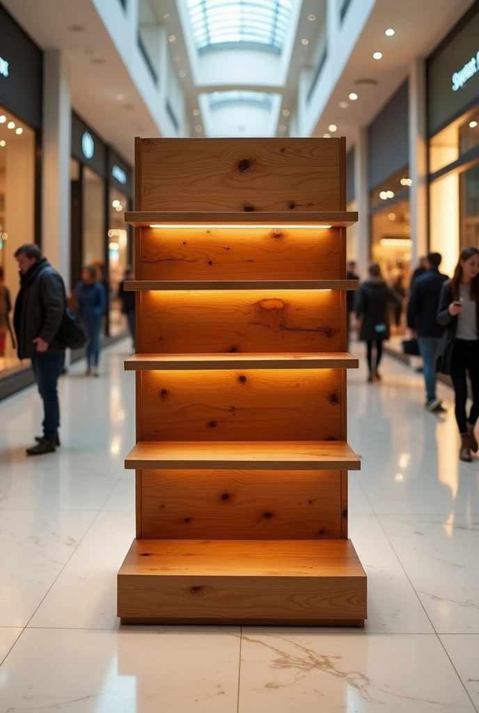 wooden display stand with shelves in shopping mall aisle