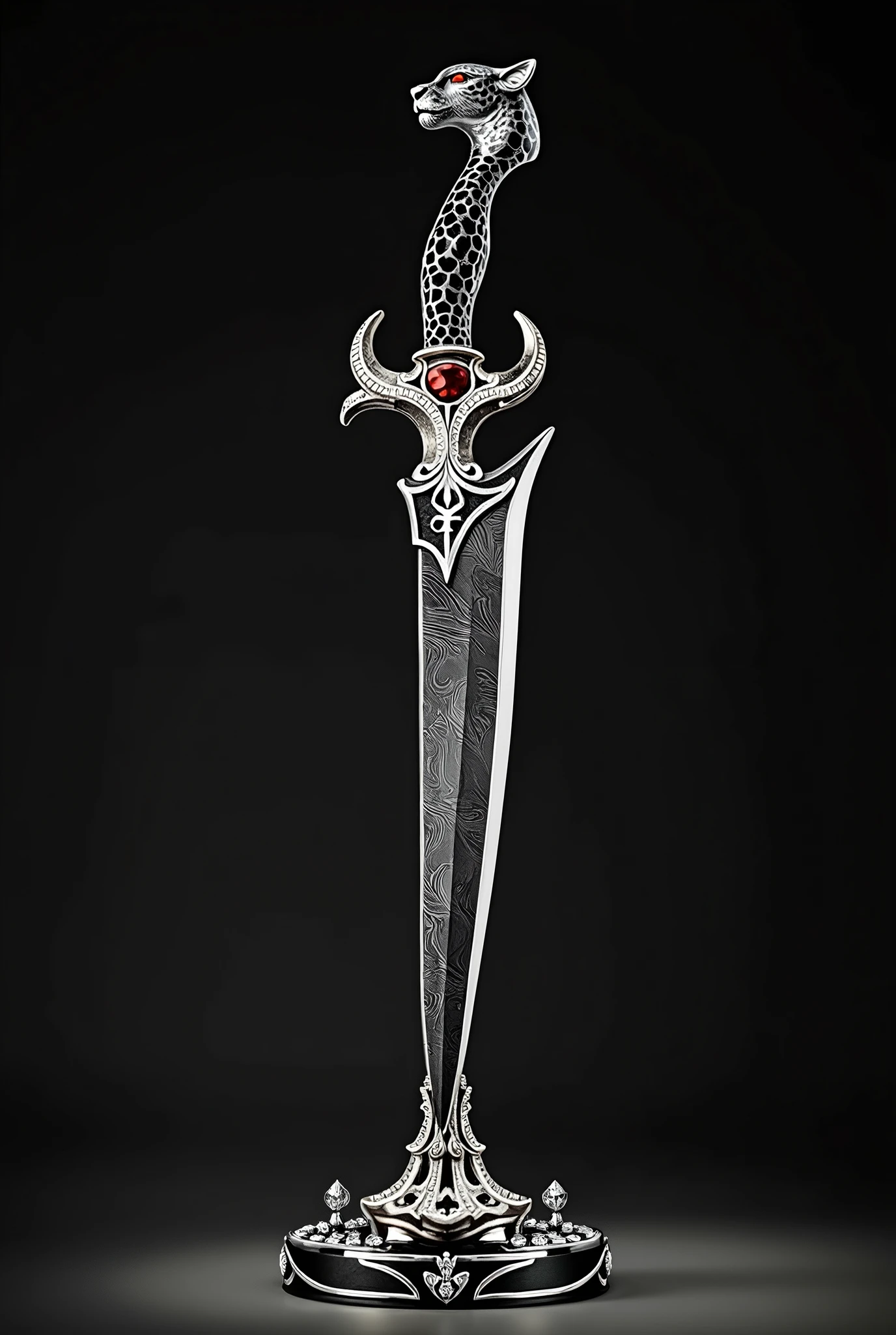 A magnificent "Naomi Black Panther" dagger prominently displayed on an elegant stand, crafted from the finest materials of Damascus steel, silver, diamonds, garnets, and ebony. The dagger's blade, forged from the intricate and gleaming patterns of Damascus steel, is a masterpiece of craftsmanship, reflecting the fiery beauty of its namesake. The hilt, adorned with silver inlays, is shaped with soft, flowing curves that embody the essence of feminine grace. At its pommel, a majestic black panther's head, studded with fiery garnet eyes and a set of alluring garnet lips, exudes a romantic yet powerful presence. The stand itself is an artistic composition, made of rich ebony wood that contrasts the silver and steel, with delicate diamond accents that dance in the light, mirroring the dagger's own opulence. The artful beveling of the metal surfaces creates a mesmerizing interplay of light and shadow, while the silver trim, studded with sparkling diamonds, traces the contours of the dagger, highlighting its elegant form. Despite the sharp, predatory nature of the blade, the focus lies on the artistic splendor of the piece, suggesting that it is more of a jewelry item than a weapon. The overall aesthetic is one of luxury and refinement, a testament to the sophisticated taste of its owner and the masterful skill of its creator.