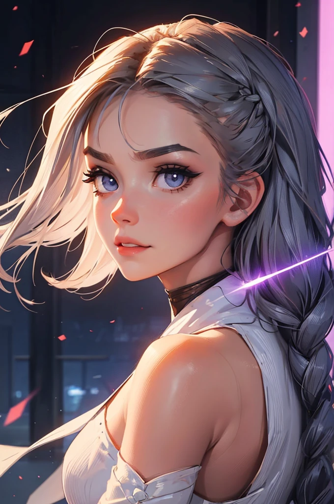 bege and white clothing, portrait, close-up, 2 female, Personagem feminina futurista, mechapunk, Lyra has a feline grace. Her hair, a cascade of silver that glinted in the faint starlight, is usually tied back in a braid that fell down her back, contrasting sharply with her olive skin. Her eyes have a vivid shade of violet, flickered with an almost ethereal light, scanning the surroundings. Lyra’s features are delicate yet steely, her full lips often curved into a wry smile that hinted at a sharp wit and a depth of emotion hidden beneath the surface. At her sides, she carries a pair of sleek pistols and small laser blades, ready to strike with deadly precision should the need arise. Her movements are fluid, almost dance-like, each step measured and deliberate, as though she is a predator stalking unseen prey. Lyra silhouette is tall and lithe, with a lean, muscular build that speaks of agility and strength with eyes set deep beneath dark, expressive brows. She has a strong, angular jawline that contrasts with her softer features, hinting at her inner strength and resilience. Her nose is slightly upturned, adding a hint of mischief to her otherwise serious demeanor. Her hands, although slim and delicate-looking, have a firm grip. Her fingers are long and nimble, perfect for the quick draw of pistols.