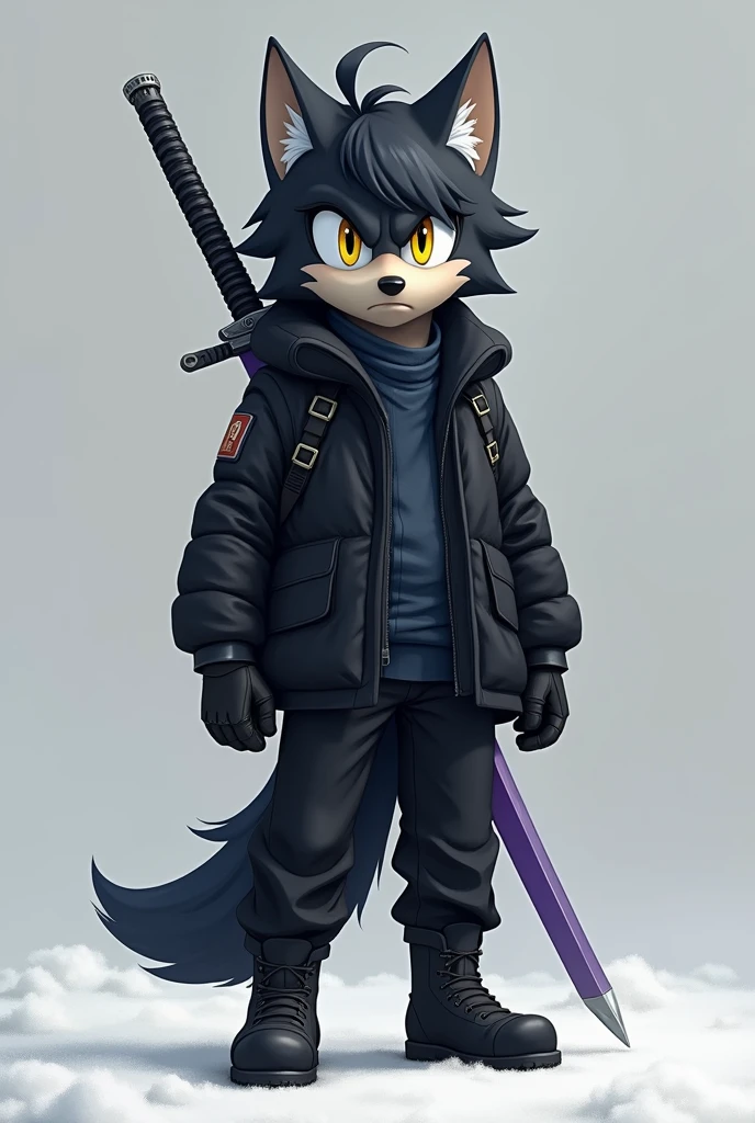 An anthropomorphic Sonic-style wolf, Short Long Black Hair, hair a little on the left side of the face and with a slightly large ponytail, with big, yellow eyes shining, with black cold weather blouse with dark blue shirt, black pants and black men's boots, with black gloves, and with a purple Katana on his back.