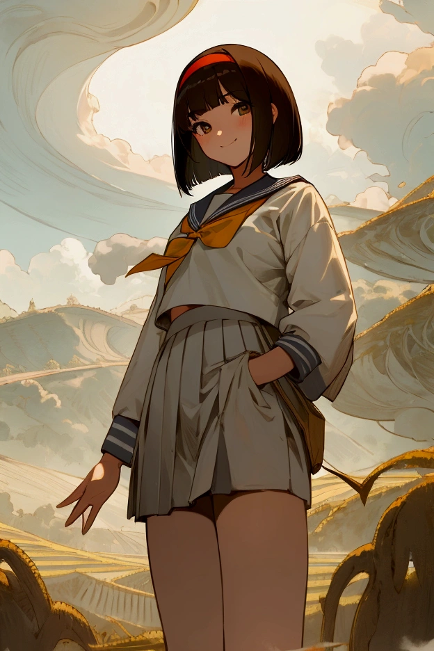 (masterpiece), (best quality), (ultra detailed), 1 girl, late teenage, standing, wave hand, thigh focus, from below, school uniform, serafuku, hair band, bob cut, brown hair, smile, looking at viewer, japanese rural landscape, rice paddies, gravel road, cumulonimbus, in summer, professional lighting, stunning face, detailed eyes and face