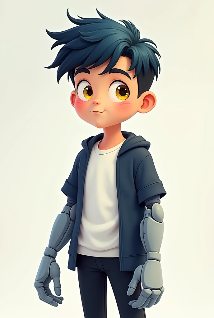 Make a cartoon-style boy with a gray bionic arm,white sweatshirt under dark blue shirt,black pants and yellow eyes,just the bionic right arm,and also the blue shirt is over the sweatshirt and his hair is a mix of blue and black,and make him seventeen years old