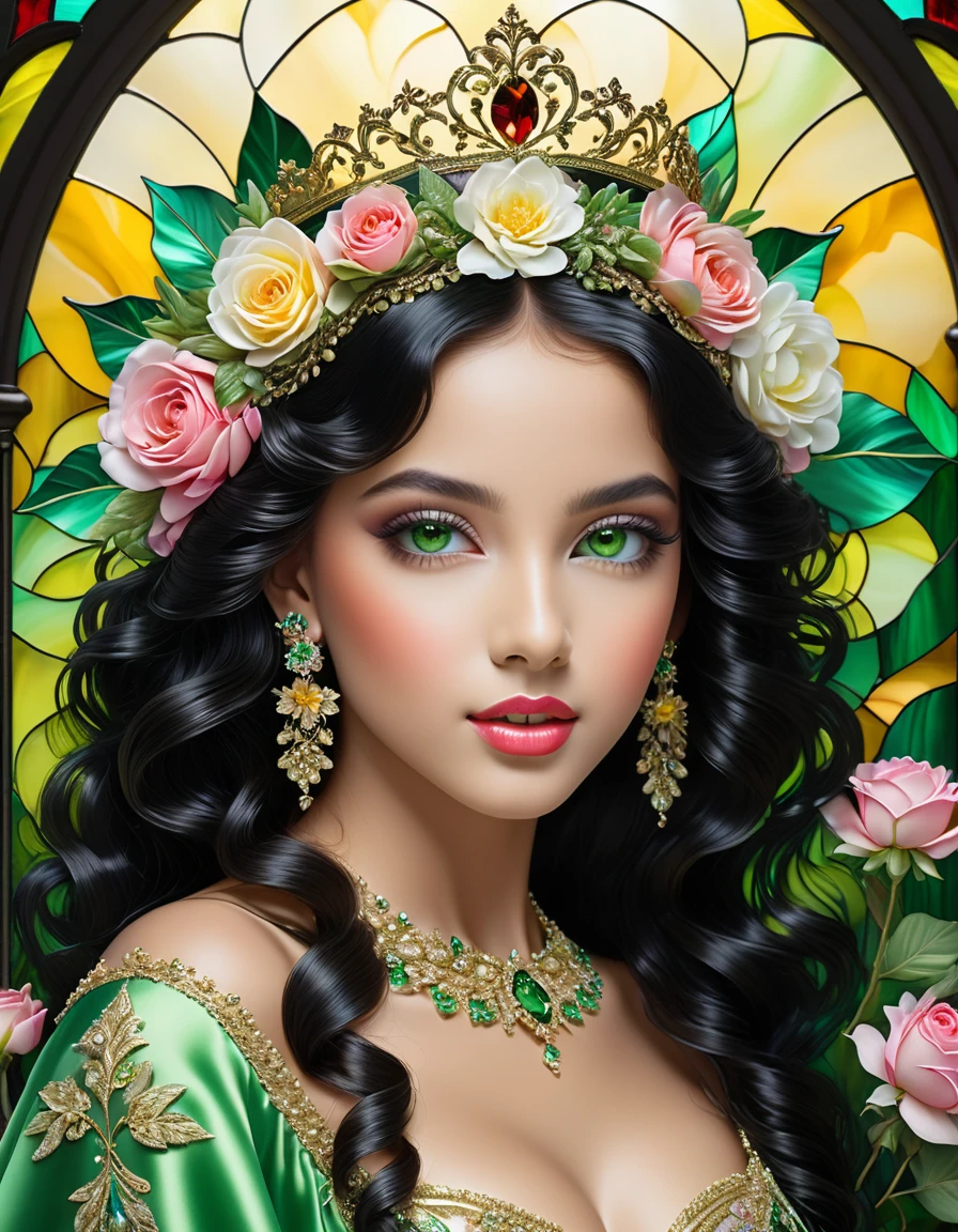 a girl, beautiful crystal green eyes, full mouth with gloss, curly black hair with tiara, colorful stained glass background, garden of roses and wild flowers, lots of details, beautiful and complicated sky, volumetric light, 8k, soft color, soft colors, bright and crisp, iridescent satin green, barbados green, gold thread embroidery, Sensitivity, Rhapsody in green and bleached floral silk, Popular Topics on Artstation, sharp focus, studio shots,(((in dynamic poses))), intricate details , very detailed, Popular Topics on Artstation, sharp focus, studio shots, intricate details, Very Detailed.8k.