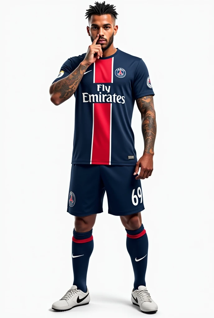 Young 2 sexy Rudo gangster with black hair shaved on the sides with braids brown eyes thick lips athletic body masculine energy and sexy defined chin trimmed beard colored tattoo marked biceps wears black color man Muslim style, He wears the navy blue PSG uniform with a central red and white stripe., Navy blue shorts with the number 69 and white cleats. The background is white and he is standing proudly kissing the team's crest.. 8k