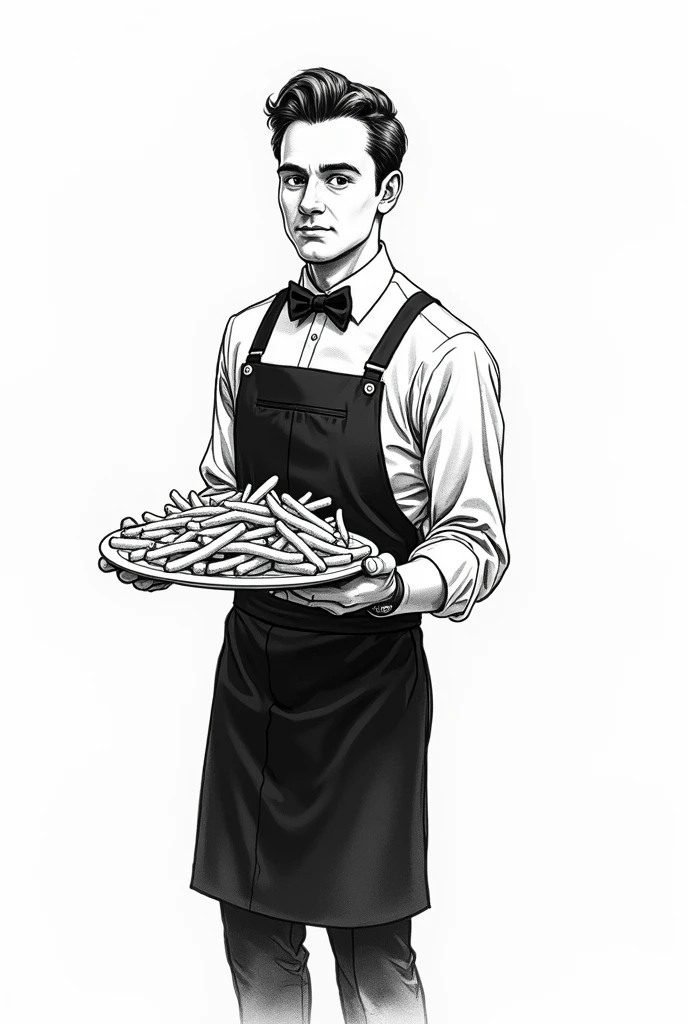 Sketch waiter with fries in hand A black and white 