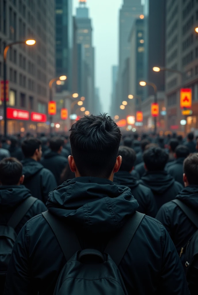 realist, 4k.(double exposure:1:3), cinema lights, Top view, New York streets, crowd of people, all ethnicities, peaceful revolution, silence, demonstration, protesta en silence, all in black clothes, No Future, the promised land, change of canon, without masks,