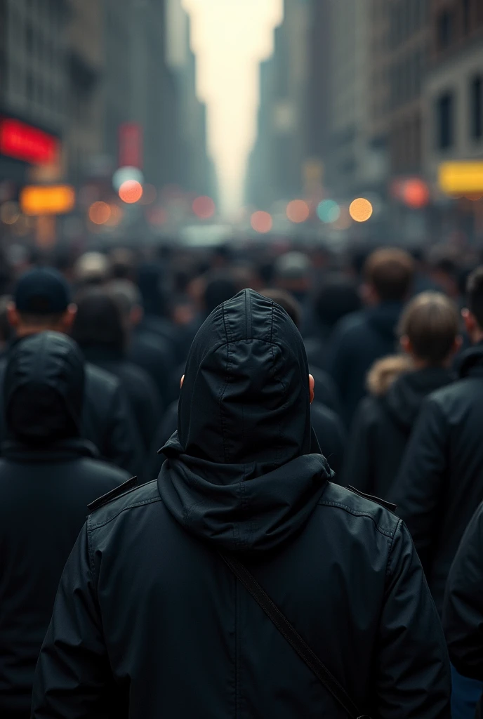 realist, 4k.(double exposure:1:3), cinema lights, Top view, New York streets, crowd of people, all ethnicities, peaceful revolution, silence, demonstration, protesta en silence, all in black clothes, No Future, the promised land, change of canon, without masks,