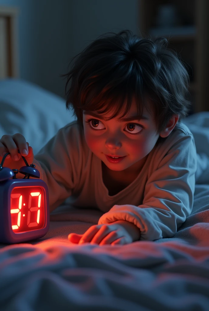 Young student turning off his loud alarm clock with a sleepy face
