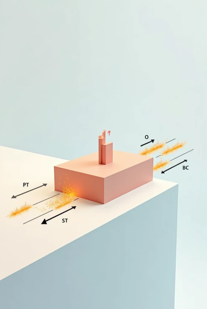  A block sliding on a surface.Shows the object in motion and an arrow indicating the direction of motion. Add an arrow in the opposite direction (backward) to represent friction. It represents the loss of energy with heat waves or small flames in the contact zone between the object and the surface..